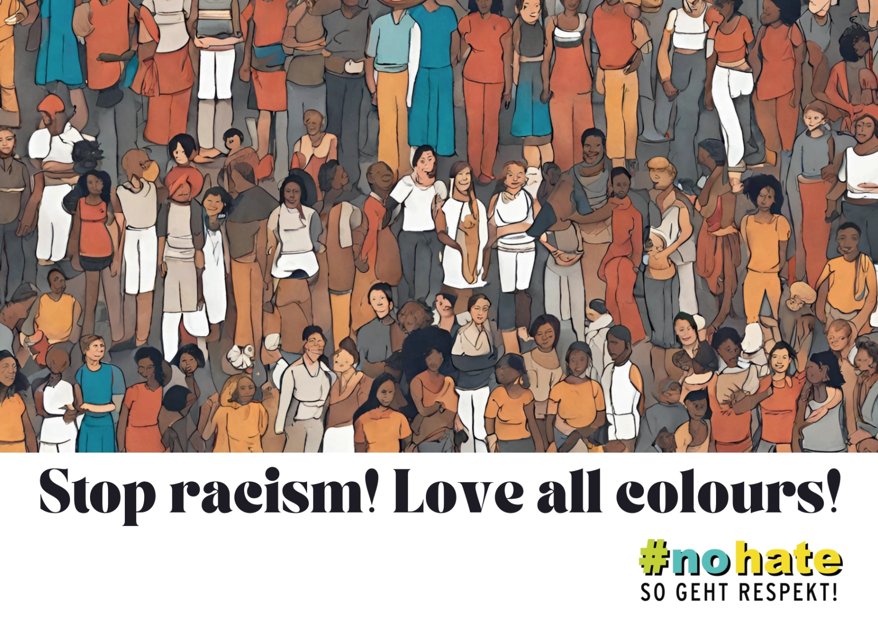 Postkarten- und Stickermotiv "Stop racism! Love all colours!"